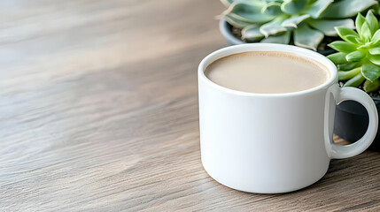 Coffee break, succulents, wooden desk, sunlight