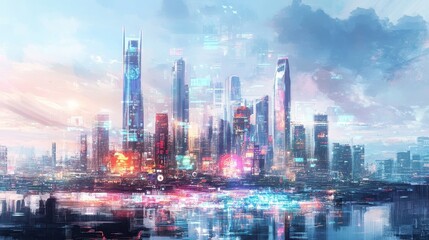 Obraz premium A watercolor-styled digital painting of a futuristic city skyline where global trade is visualized through holographic projections and AI-driven infographics. 