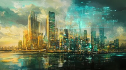Fototapeta premium A watercolor-styled digital painting of a futuristic city skyline where global trade is visualized through holographic projections and AI-driven infographics. 