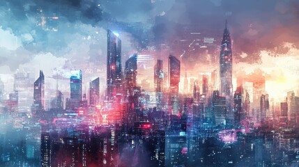Fototapeta premium A watercolor-styled digital painting of a futuristic city skyline where global trade is visualized through holographic projections and AI-driven infographics. 