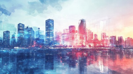 Obraz premium A watercolor-styled digital painting of a futuristic city skyline where global trade is visualized through holographic projections and AI-driven infographics. 
