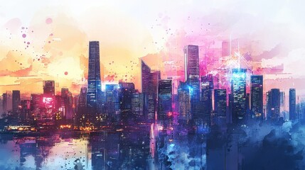 Fototapeta premium A watercolor-styled digital painting of a futuristic city skyline where global trade is visualized through holographic projections and AI-driven infographics. 
