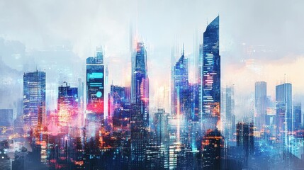 Obraz premium A watercolor-styled digital painting of a futuristic city skyline where global trade is visualized through holographic projections and AI-driven infographics. 