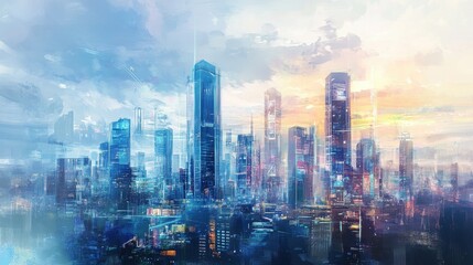 Fototapeta premium A watercolor-styled digital painting of a futuristic city skyline where global trade is visualized through holographic projections and AI-driven infographics. 