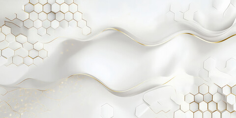 Light pearl white background with abstract hexagonal patterns and subtle gold accents.