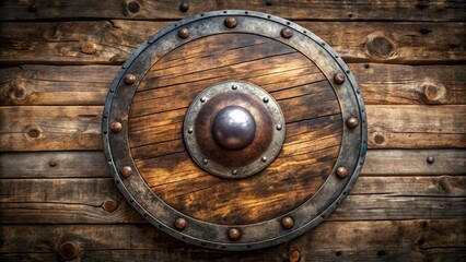 Fototapeta premium Aerial View of a Round Wooden Shield with Metal Rim and Weathered Surface, Ideal for Historical, Medieval, or Fantasy Themes in Stock Photography