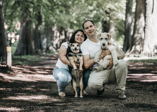 Portrait of a latin couple in a forest, they are with their dogs. One pet is a fox terrier wire and the other is black with beage