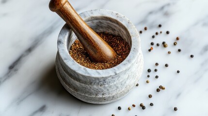 Wooden Pestle and Marble Mortar with Colorful Spices on a Marble Surface for Culinary Use
