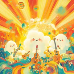 Naklejka premium Happy Clouds Playing Musical Instruments in a Vibrant Setting
