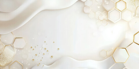 Light pearl white background with abstract hexagonal patterns and subtle gold accents.