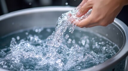 Fototapeta premium Hands pouring water into a metal bowl, creating splashes and droplets. Illustrates concepts of freshness, purity, and hydration.