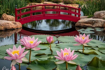 Serene Japanese Garden with Pink Water Lilies and Red Bridge