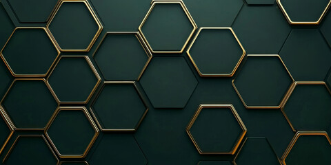Dark emerald green background with elegant gold hexagonal patterns, exuding sophistication.