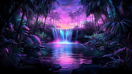 Fototapeta premium Tropical sunset waterfall, lush jungle, vibrant colors, serene pool