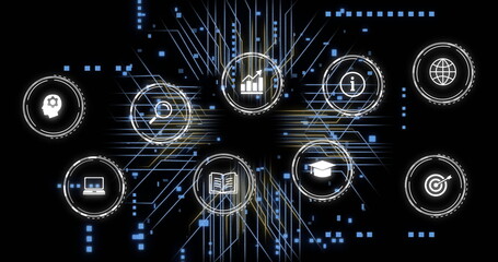 Icons representing various concepts with data processing image over dark background