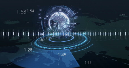 Digital globe and data points image over world map