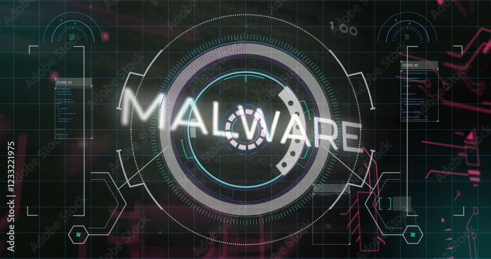 Poster malware text image over digital interface with circular and grid elements