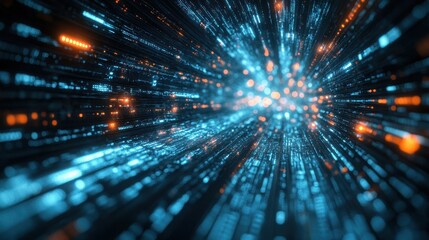 Abstract digital data stream, glowing blue and orange. Perfect for tech, AI, and futuristic concepts.