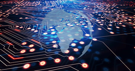 Circuit board with glowing connections and globe image