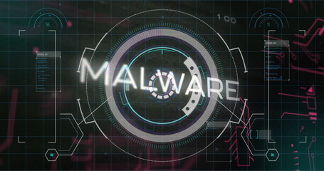 Malware text image over digital interface with circular and grid elements