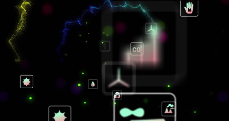 Scientific icons and data processing image over dark background with glowing particles