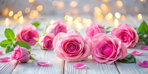 Fototapeta premium Beautiful Pink Roses with Delicate Petals on a White Wooden Table, Capturing Nature's Elegance in a Bokeh Effect for Stunning Floral Arrangements and Decor Inspiration