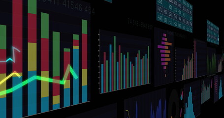 Financial data charts and graphs image over dark background