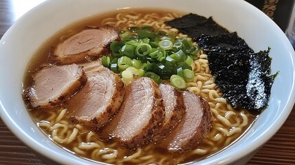 Bowl of rich shoyu ramen slice of pork nori green onions