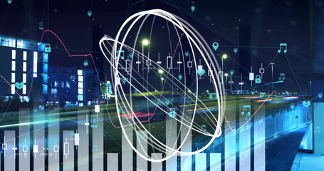 Data processing and network connections image over cityscape at night