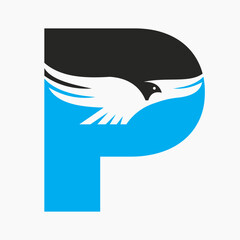 Initial Letter P Flying Eagle Logo Concept For Speed Icon and Transportation Symbol Vector Sign