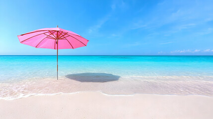 Fototapeta premium Pink umbrella on pristine beach, turquoise ocean, sunny sky, vacation paradise