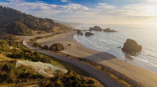 Coastal highway winds along a scenic beach at sunset. Highway 1 curves along the Pacific Ocean, showcasing dramatic rock formations. Golden light bathes the landscape.  Pistol River Beach, Oregon, USA