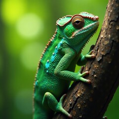 Fototapeta premium Veiled chameleon clinging to tree branch, vibrant green scales , reptile, skin