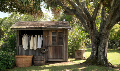 Naklejka premium Serene Wooden Laundry Structure with Palm Leaf Roof for a Natural, Peaceful Feel