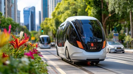 Fototapeta premium A futuristic sustainable metropolitan cityscape featuring modern skyscrapers energy efficient electric trains and vehicles lush greenery
