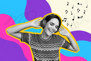 Trend artwork collage template composite of silhouette young lady dance listen music headphones...