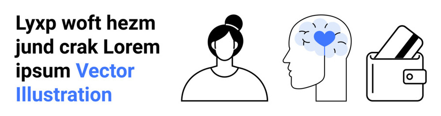 Womans profile with bun hairstyle, head silhouette with blue heart for mental health, and wallet with a card. Ideal for health, wellness, finance, technology, personal growth, self-care education
