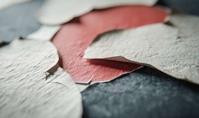 Naklejka premium Close-up view of textured paper scraps in shades of red and gray arranged on a dark background, showcasing the intricate details and organic shapes of the materials