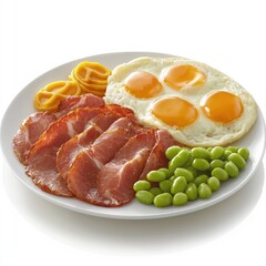 Delicious breakfast plate eggs, ham, edamame, and cheese pasta.  Perfect for menus or food blogs