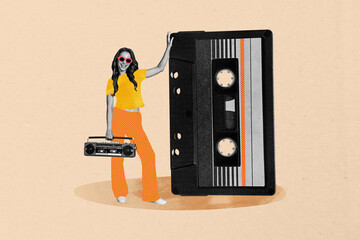Trend artwork creative sketch 3D photo collage of young woman stand hold boombox huge cassette occasion party carefree weekend clubber