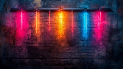 Fototapeta premium Vibrant neon lights hanging against a textured wall, creating a colorful urban ambiance