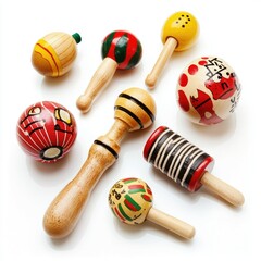Colorful wooden percussion instruments on white background;  early childhood education resource