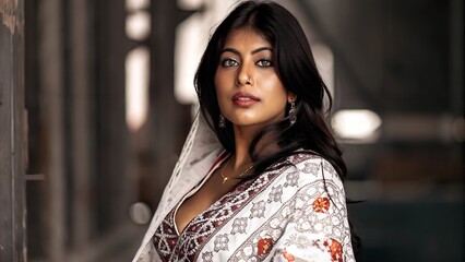 Fototapeta premium Elegant Indian Woman in Traditional Attire with Clear, Beautiful Eyes - High-Class Portrait