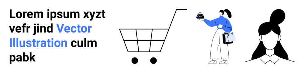 Woman holding smartphone and tote bag next to shopping cart. Simplistic facial avatar. Ideal for e-commerce, mobile apps, retail, marketing, communication, user profile, flat landing page banner