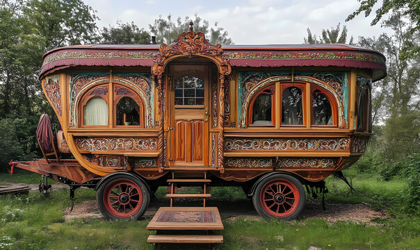 A charming gypsy wagon home with intricate carved wood facade details