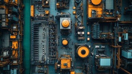 Fototapeta premium Aerial view of an industrial facility with vibrant orange machinery and structures
