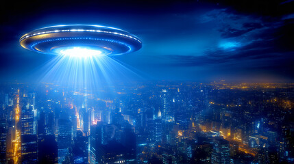 Obraz premium Bright UFO hovering over a modern city at night