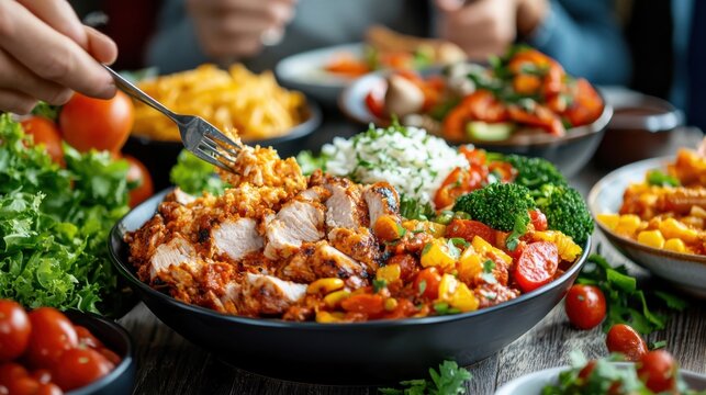 A close knit family savoring a delicious nutritious meal made from locally sourced fresh produce  The table is set with an array of vibrant wholesome dishes creating a warm