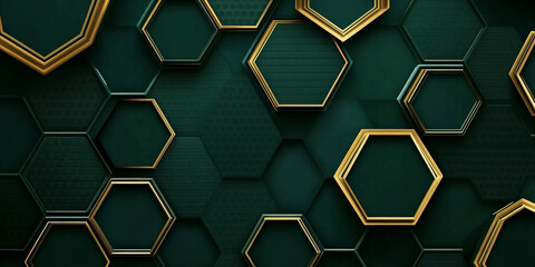 Dark emerald green background with elegant gold hexagonal patterns, exuding sophistication.