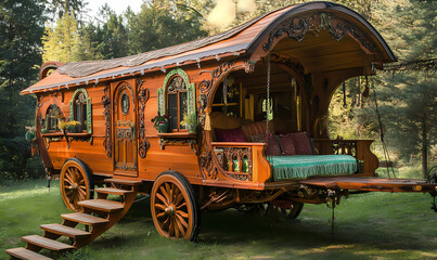 A gypsy wagon home adorned with a beautifully carved wood facade for an artistic look